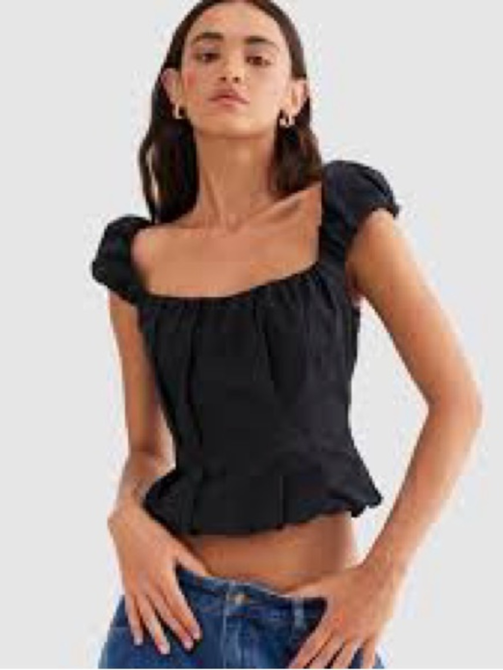 Lioness Black Square-Neck Puff Sleeve Crop Top